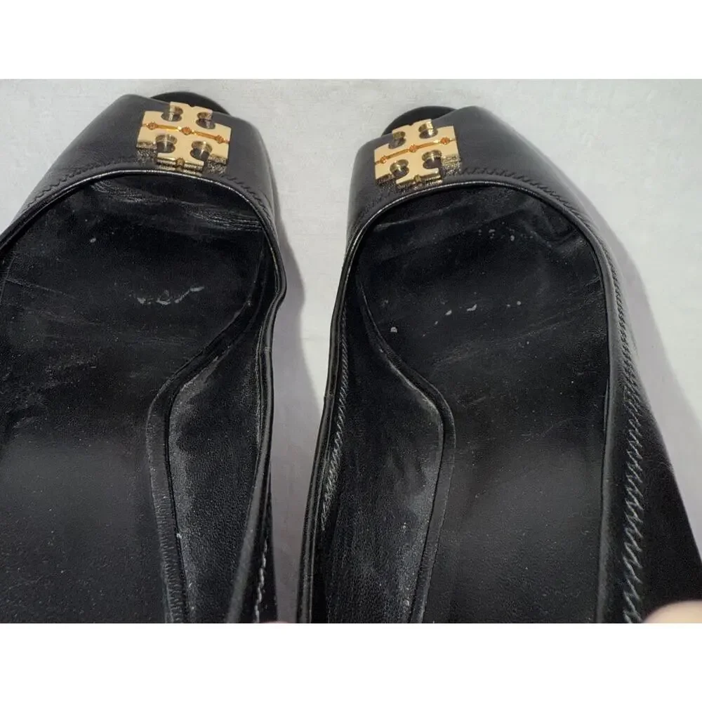Tory Burch Jolie Peep Toe Black Leather Wedge Heel Preppy Career Formal Sz 9.5M